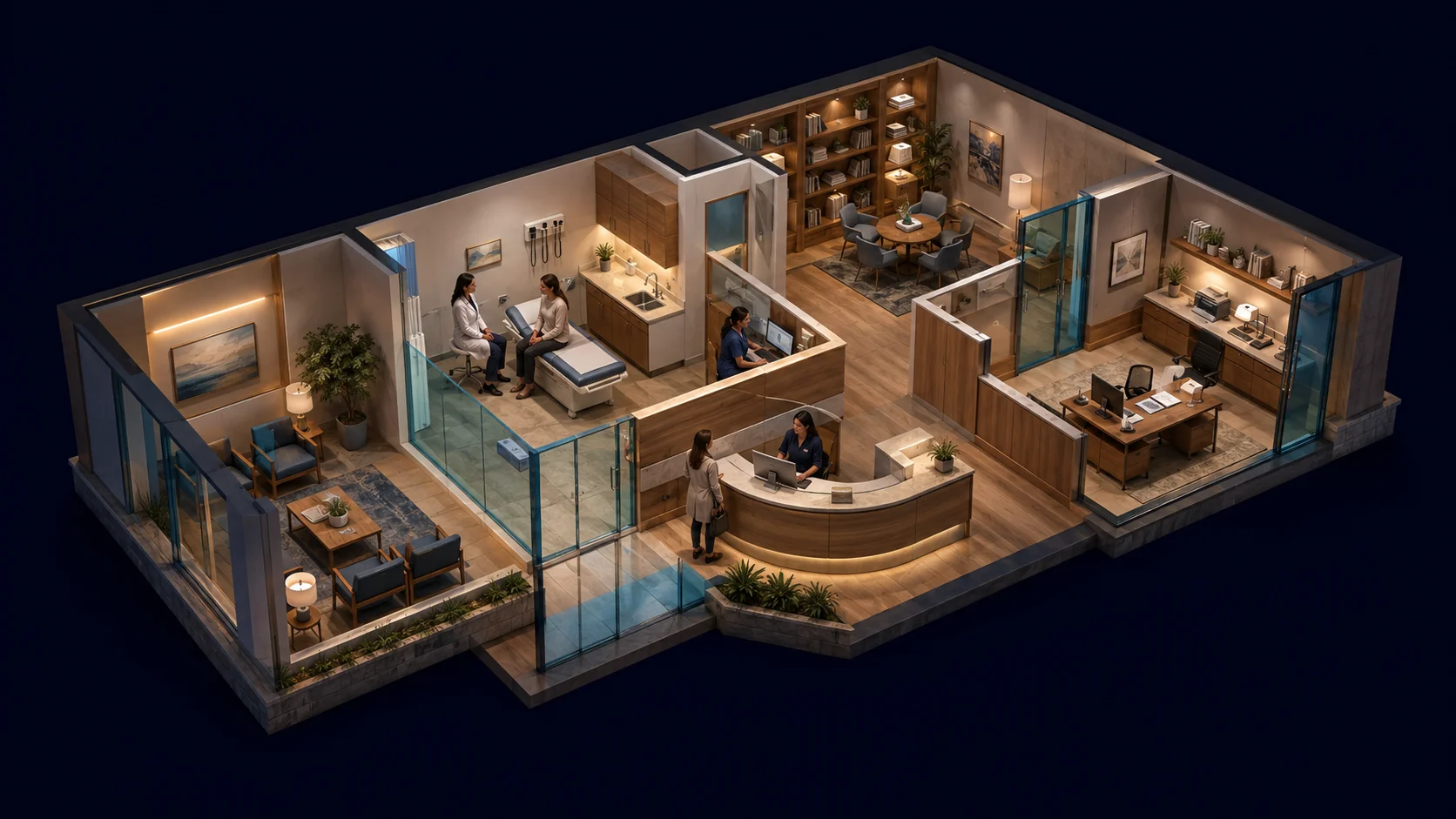 Illustrative care environment with consultation rooms and human care teams
