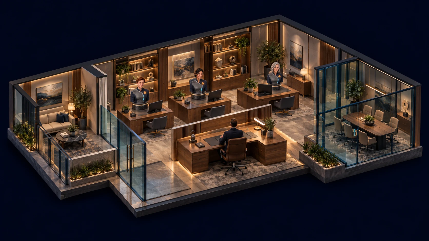 An illustrated future office with a human directing AI staff across coordinated workstations