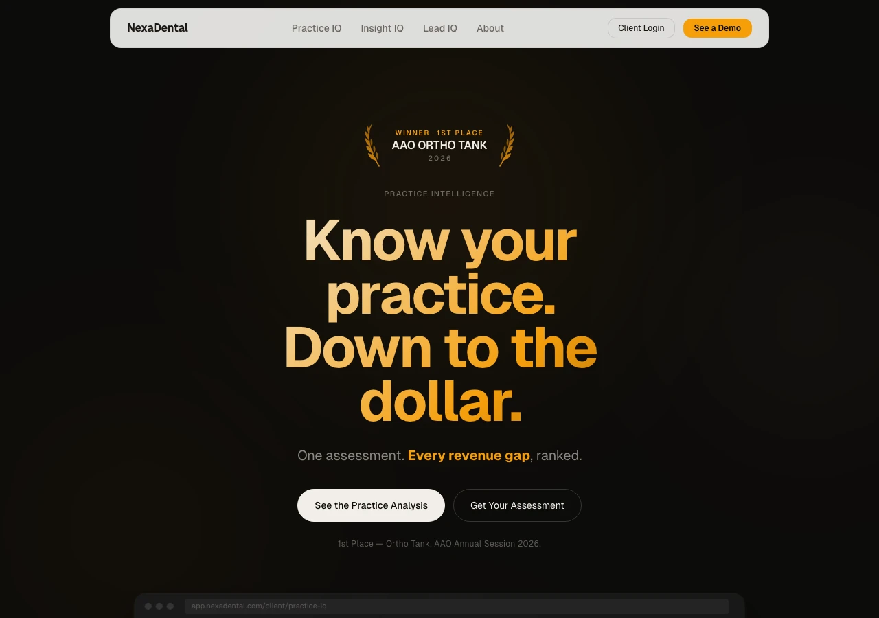 NexaDental’s public website, showing its practice intelligence positioning and 2026 OrthoTank first-place award