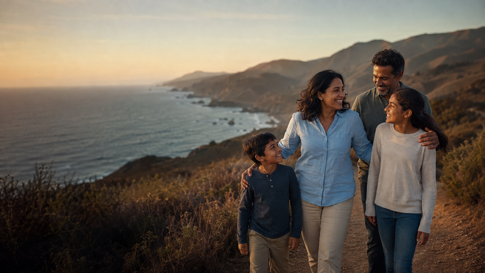 A family together on a coastal trail at sunset